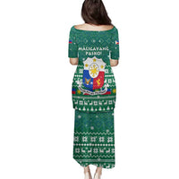 Philippines Christmas Family Matching Puletasi and Hawaiian Shirt with Green Geometric Design, Santa in Barong Tagalog, and National Coat of Arms Motif - Wonder Print Shop