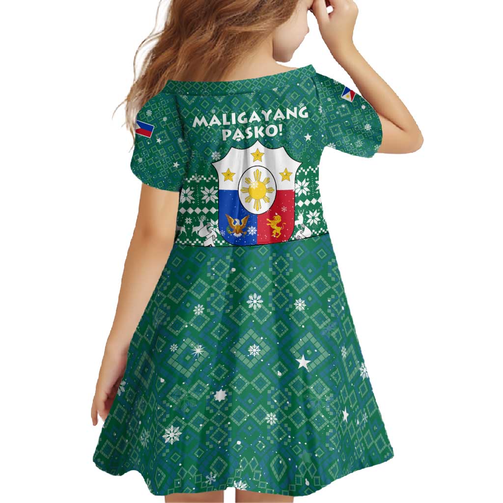 Philippines Christmas Family Matching Short Sleeve Bodycon Dress and Hawaiian Shirt with Green Geometric Design, Santa in Barong Tagalog, and National Coat of Arms Motif - Wonder Print Shop