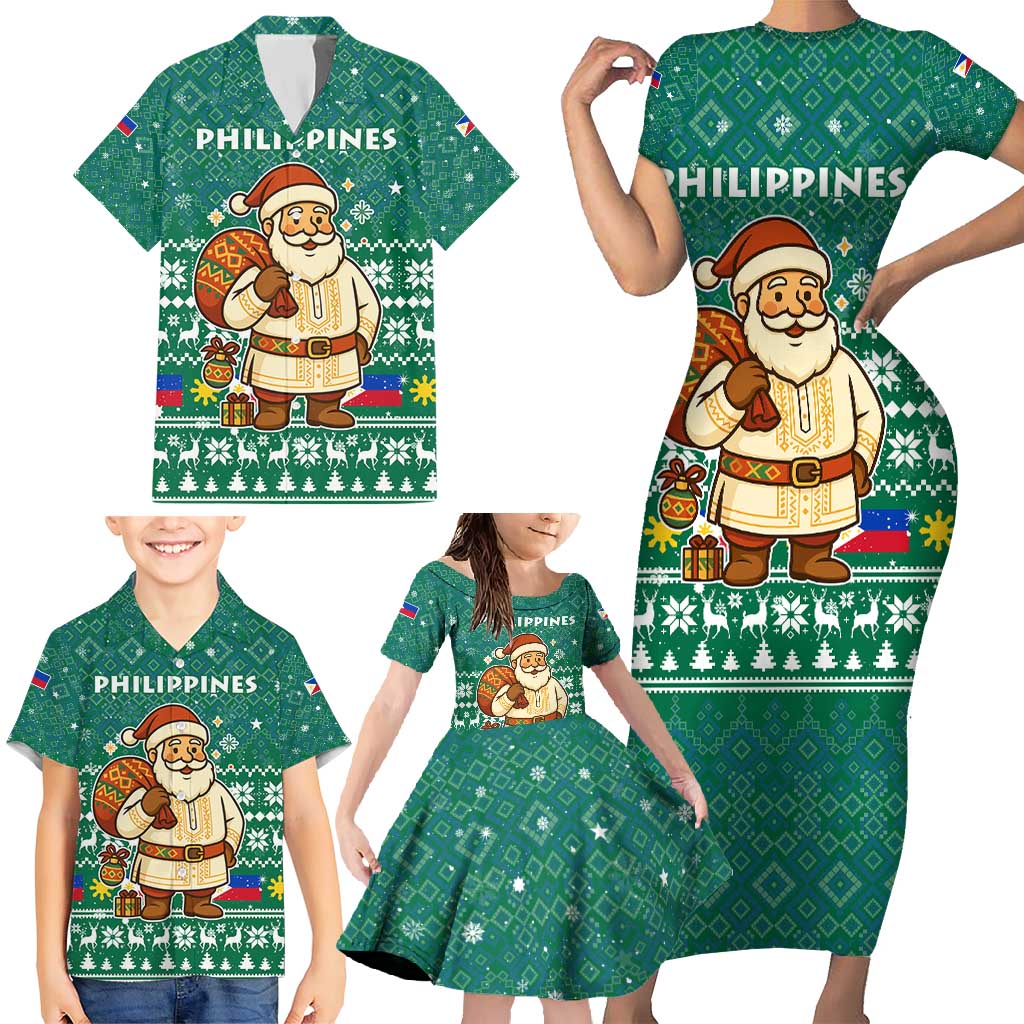 Philippines Christmas Family Matching Short Sleeve Bodycon Dress and Hawaiian Shirt with Green Geometric Design, Santa in Barong Tagalog, and National Coat of Arms Motif - Wonder Print Shop