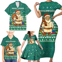 Philippines Christmas Family Matching Short Sleeve Bodycon Dress and Hawaiian Shirt with Green Geometric Design, Santa in Barong Tagalog, and National Coat of Arms Motif - Wonder Print Shop