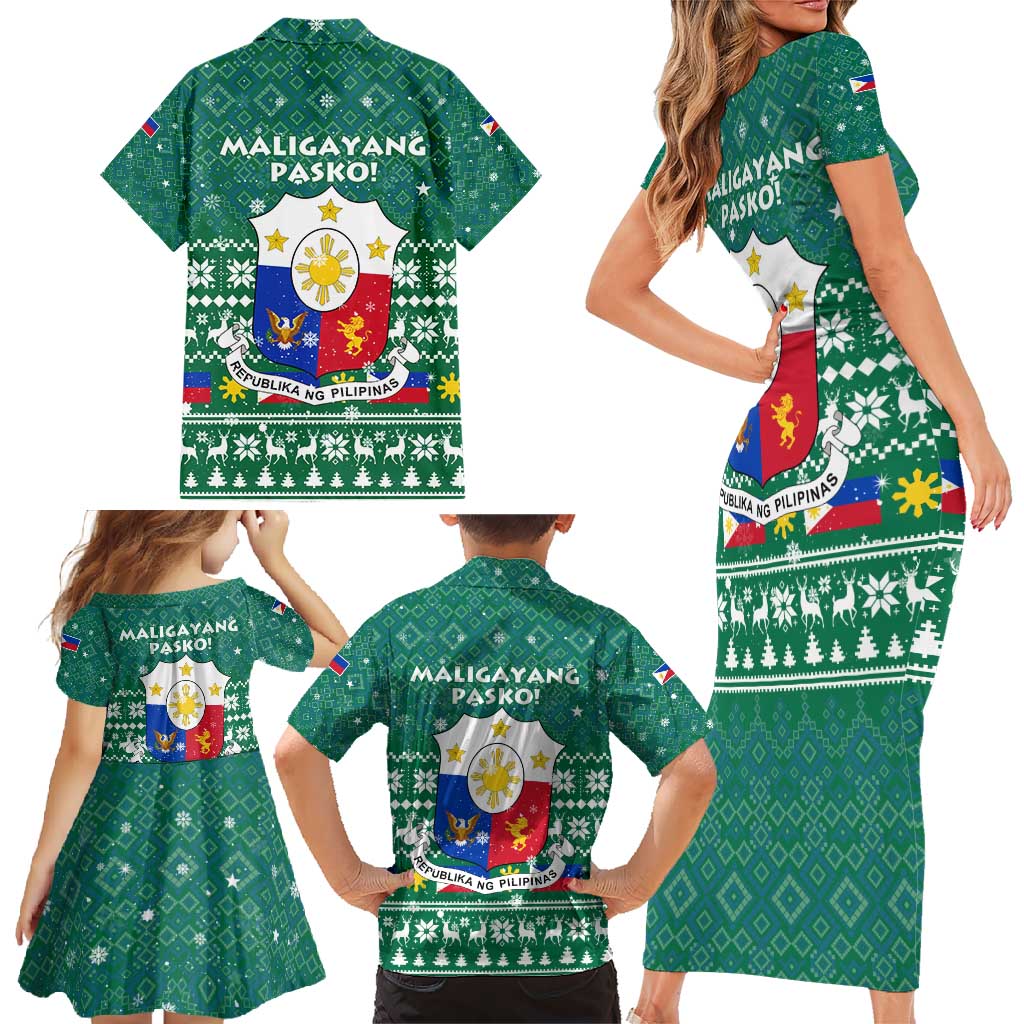 Philippines Christmas Family Matching Short Sleeve Bodycon Dress and Hawaiian Shirt with Green Geometric Design, Santa in Barong Tagalog, and National Coat of Arms Motif - Wonder Print Shop