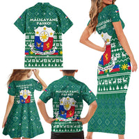 Philippines Christmas Family Matching Short Sleeve Bodycon Dress and Hawaiian Shirt with Green Geometric Design, Santa in Barong Tagalog, and National Coat of Arms Motif - Wonder Print Shop