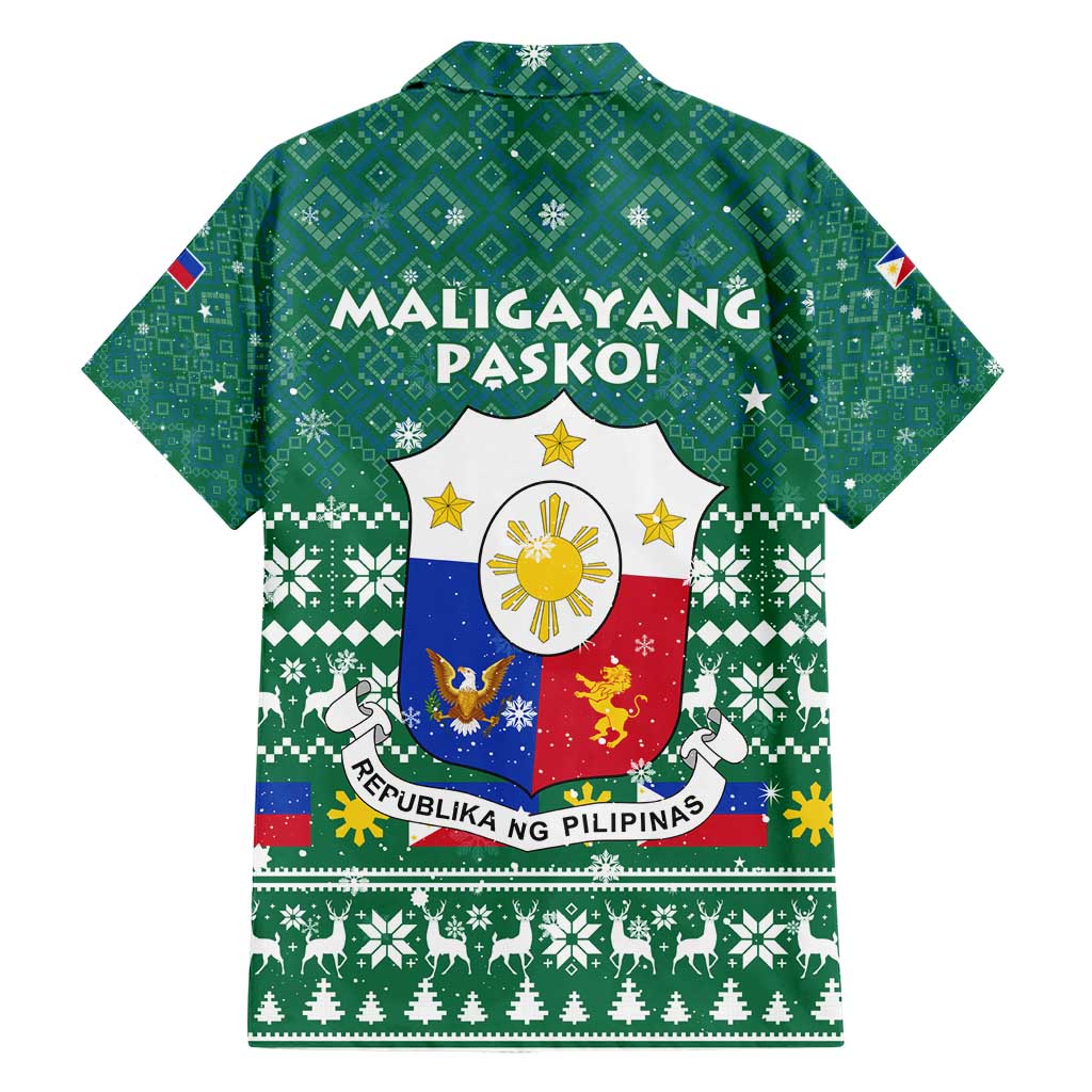 Philippines Christmas Family Matching Short Sleeve Bodycon Dress and Hawaiian Shirt with Green Geometric Design, Santa in Barong Tagalog, and National Coat of Arms Motif - Wonder Print Shop
