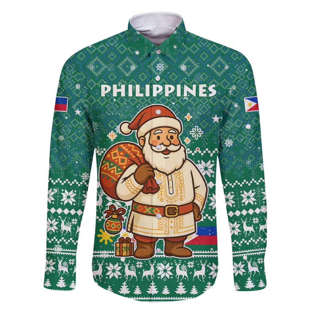 Philippines Christmas Family Matching Short Sleeve Bodycon Dress and Hawaiian Shirt with Green Geometric Design, Santa in Barong Tagalog, and National Coat of Arms Motif - Wonder Print Shop