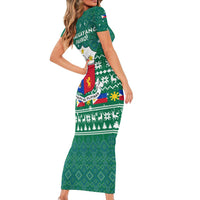 Philippines Christmas Family Matching Short Sleeve Bodycon Dress and Hawaiian Shirt with Green Geometric Design, Santa in Barong Tagalog, and National Coat of Arms Motif - Wonder Print Shop