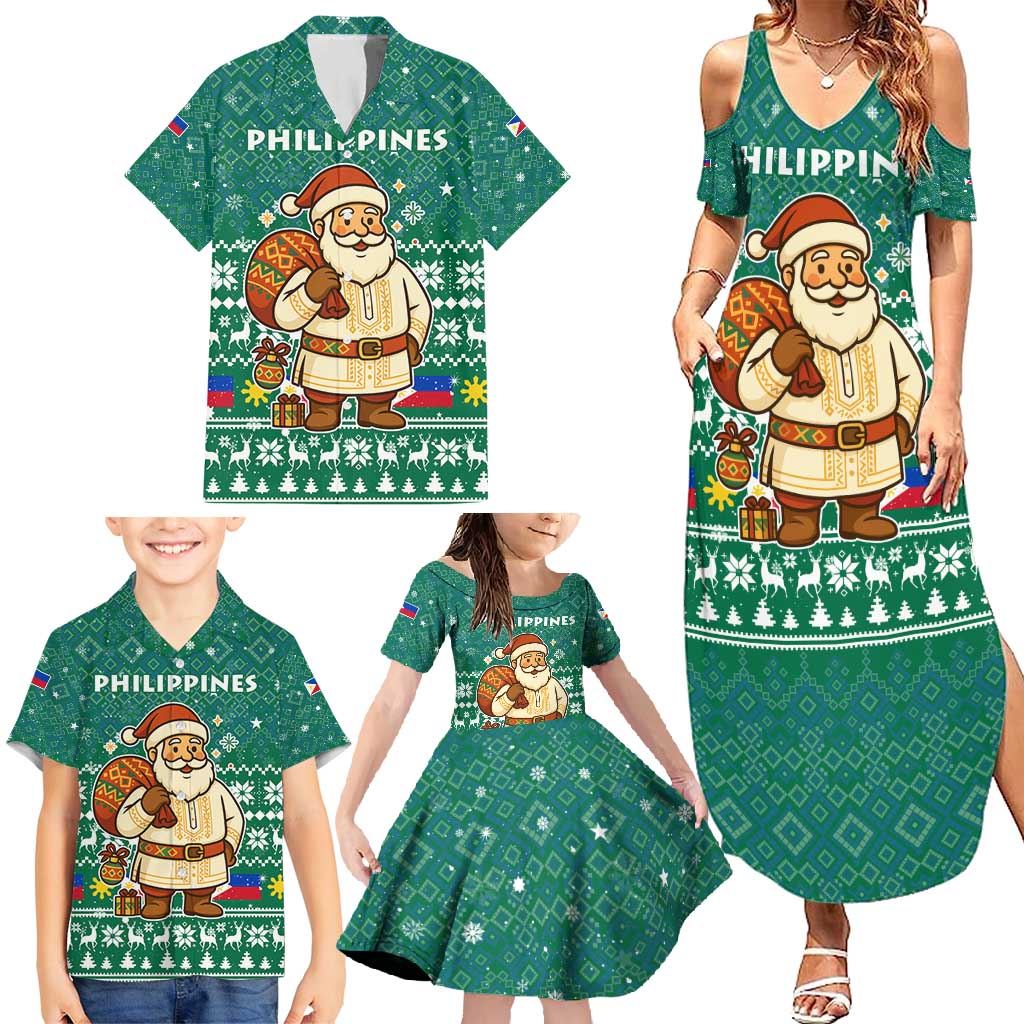 Philippines Christmas Family Matching Summer Maxi Dress and Hawaiian Shirt with Green Geometric Design, Santa in Barong Tagalog, and National Coat of Arms Motif - Wonder Print Shop