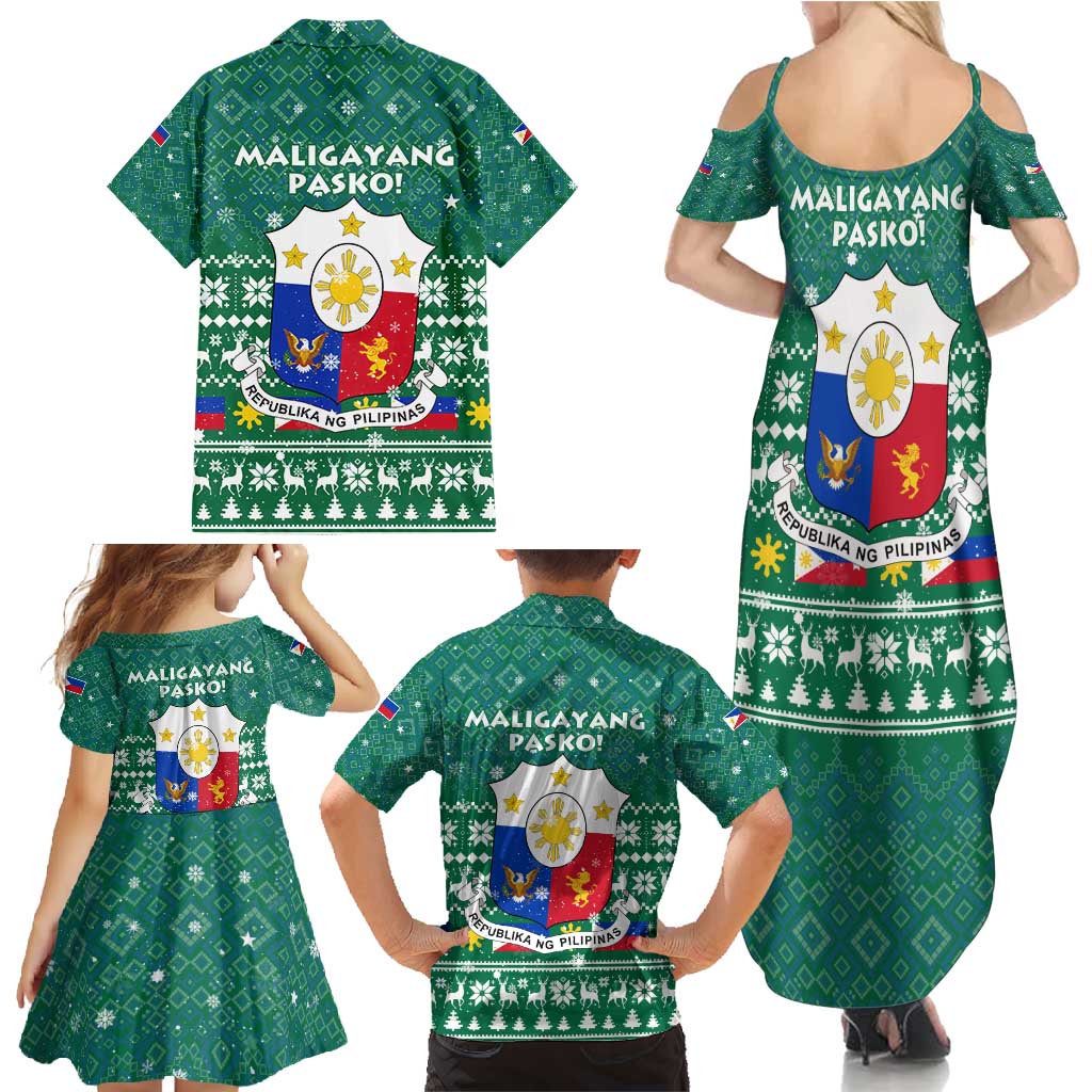 Philippines Christmas Family Matching Summer Maxi Dress and Hawaiian Shirt with Green Geometric Design, Santa in Barong Tagalog, and National Coat of Arms Motif - Wonder Print Shop