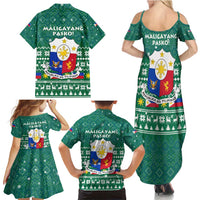 Philippines Christmas Family Matching Summer Maxi Dress and Hawaiian Shirt with Green Geometric Design, Santa in Barong Tagalog, and National Coat of Arms Motif - Wonder Print Shop