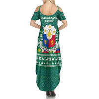 Philippines Christmas Family Matching Summer Maxi Dress and Hawaiian Shirt with Green Geometric Design, Santa in Barong Tagalog, and National Coat of Arms Motif - Wonder Print Shop