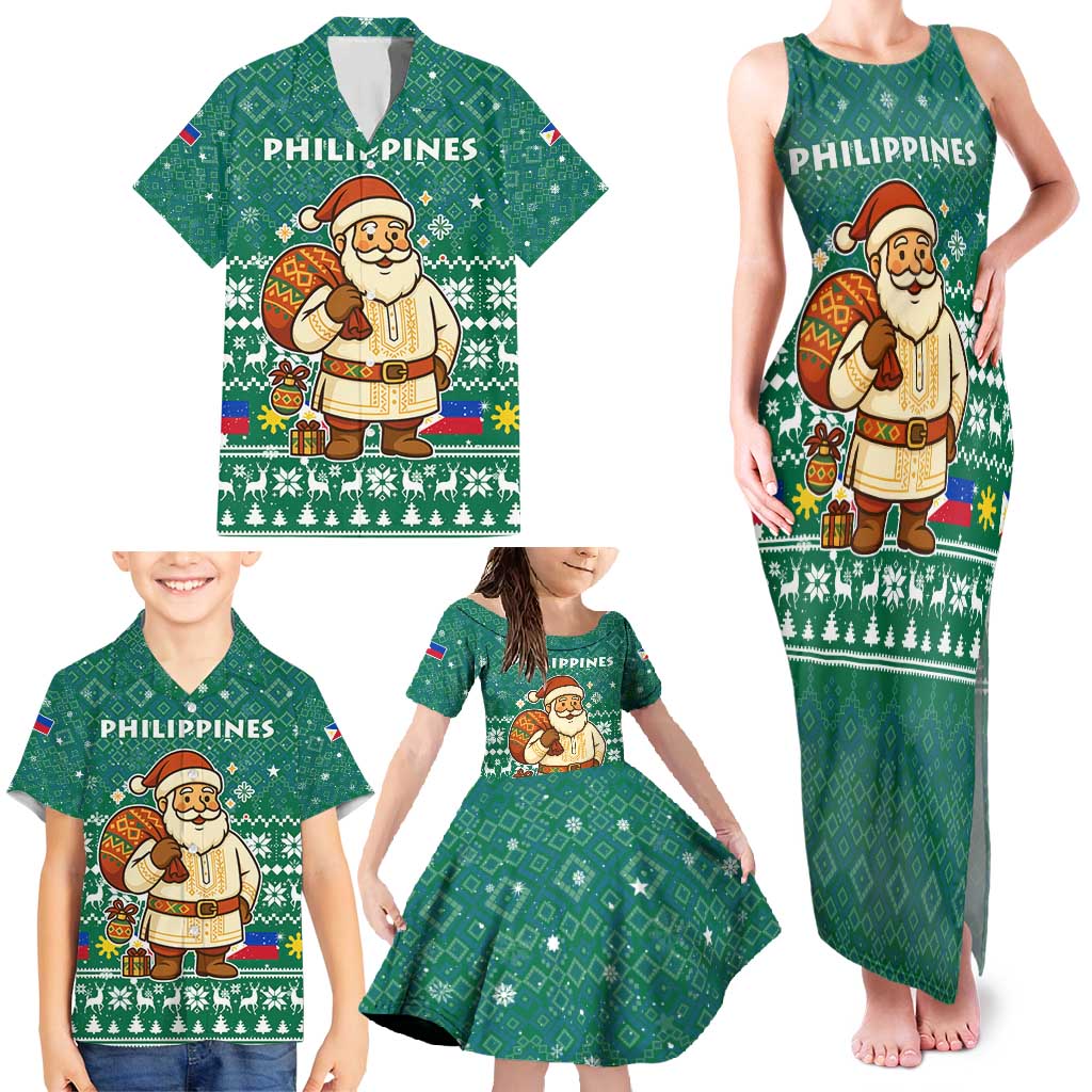 Philippines Christmas Family Matching Tank Maxi Dress and Hawaiian Shirt with Green Geometric Design, Santa in Barong Tagalog, and National Coat of Arms Motif - Wonder Print Shop