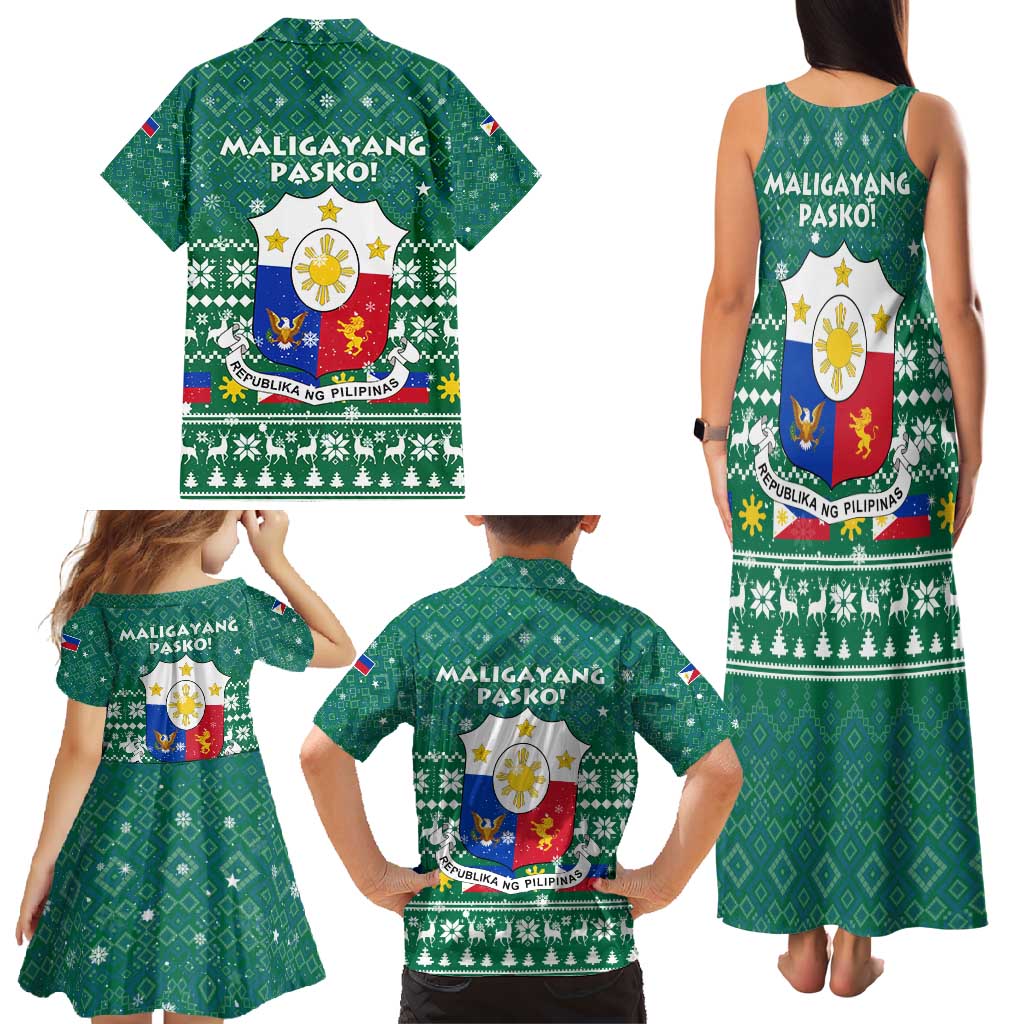 Philippines Christmas Family Matching Tank Maxi Dress and Hawaiian Shirt with Green Geometric Design, Santa in Barong Tagalog, and National Coat of Arms Motif - Wonder Print Shop