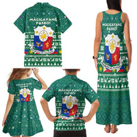 Philippines Christmas Family Matching Tank Maxi Dress and Hawaiian Shirt with Green Geometric Design, Santa in Barong Tagalog, and National Coat of Arms Motif - Wonder Print Shop