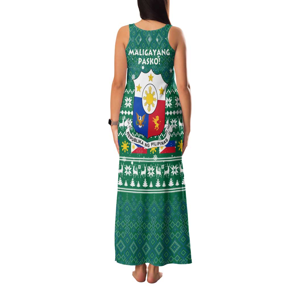 Philippines Christmas Family Matching Tank Maxi Dress and Hawaiian Shirt with Green Geometric Design, Santa in Barong Tagalog, and National Coat of Arms Motif - Wonder Print Shop