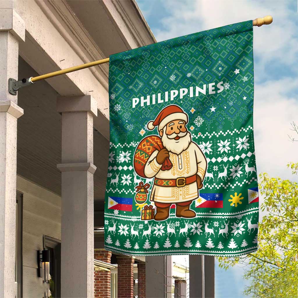 Philippines Christmas Garden Flag with Green Geometric Design, Santa in Barong Tagalog, and National Coat of Arms Motif - Wonder Print Shop
