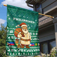 Philippines Christmas Garden Flag with Green Geometric Design, Santa in Barong Tagalog, and National Coat of Arms Motif - Wonder Print Shop