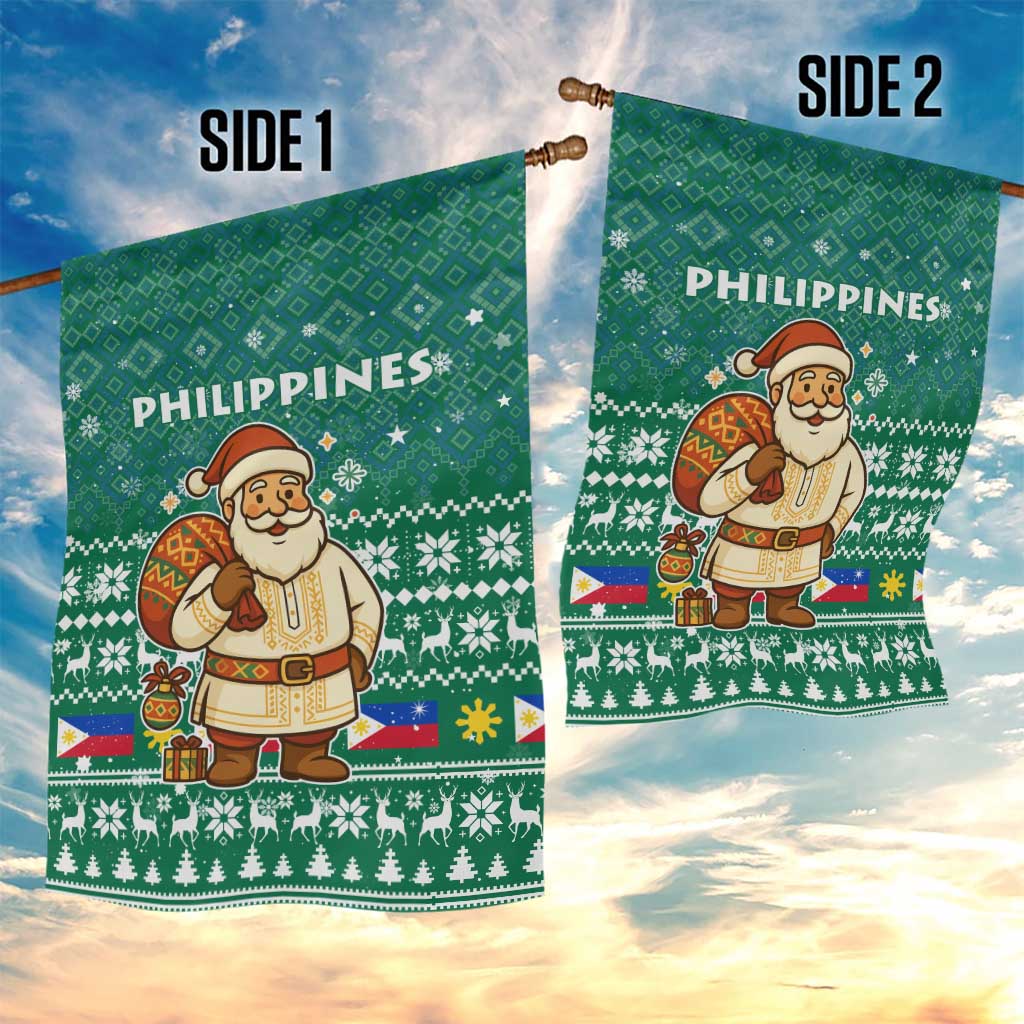 Philippines Christmas Garden Flag with Green Geometric Design, Santa in Barong Tagalog, and National Coat of Arms Motif - Wonder Print Shop