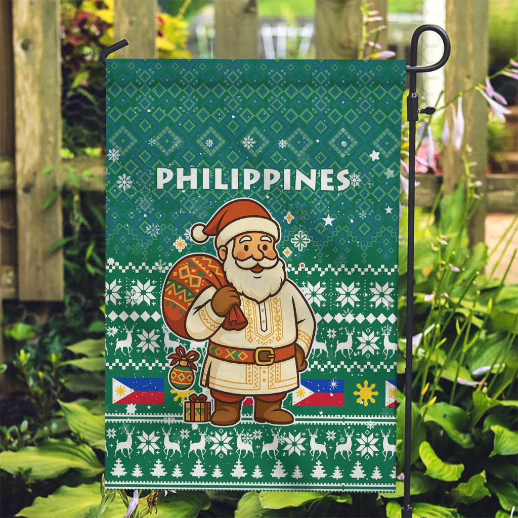 Philippines Christmas Garden Flag with Green Geometric Design, Santa in Barong Tagalog, and National Coat of Arms Motif - Wonder Print Shop
