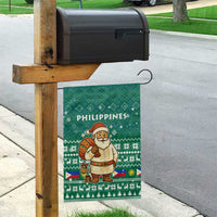 Philippines Christmas Garden Flag with Green Geometric Design, Santa in Barong Tagalog, and National Coat of Arms Motif - Wonder Print Shop