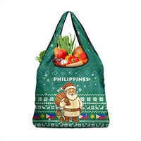 Philippines Christmas Grocery Bag with Green Geometric Design, Santa in Barong Tagalog, and National Coat of Arms Motif - Wonder Print Shop