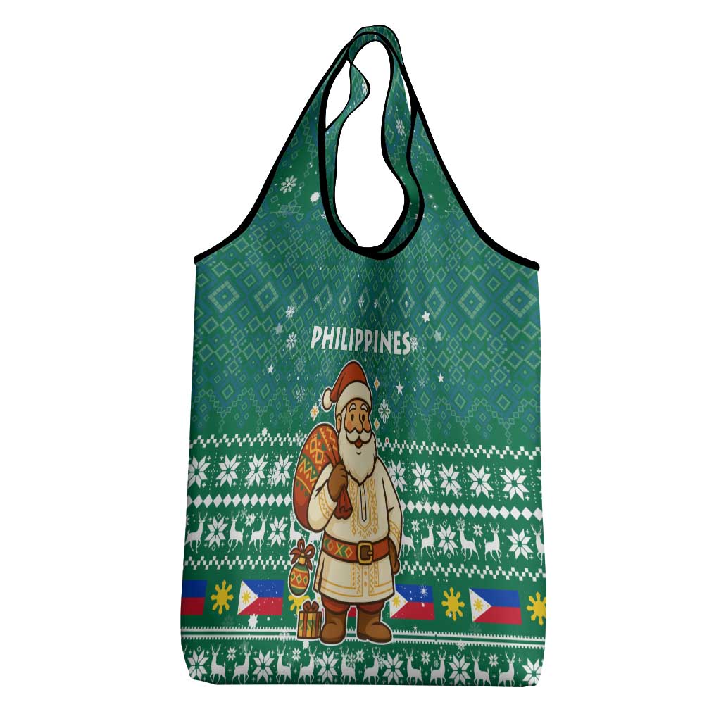 Philippines Christmas Grocery Bag with Green Geometric Design, Santa in Barong Tagalog, and National Coat of Arms Motif - Wonder Print Shop