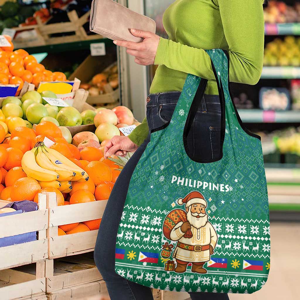 Philippines Christmas Grocery Bag with Green Geometric Design, Santa in Barong Tagalog, and National Coat of Arms Motif - Wonder Print Shop