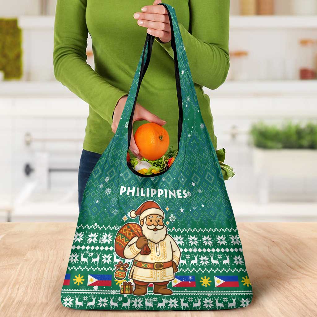 Philippines Christmas Grocery Bag with Green Geometric Design, Santa in Barong Tagalog, and National Coat of Arms Motif - Wonder Print Shop