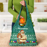 Philippines Christmas Grocery Bag with Green Geometric Design, Santa in Barong Tagalog, and National Coat of Arms Motif - Wonder Print Shop
