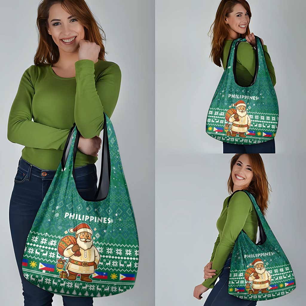 Philippines Christmas Grocery Bag with Green Geometric Design, Santa in Barong Tagalog, and National Coat of Arms Motif - Wonder Print Shop