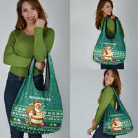 Philippines Christmas Grocery Bag with Green Geometric Design, Santa in Barong Tagalog, and National Coat of Arms Motif - Wonder Print Shop