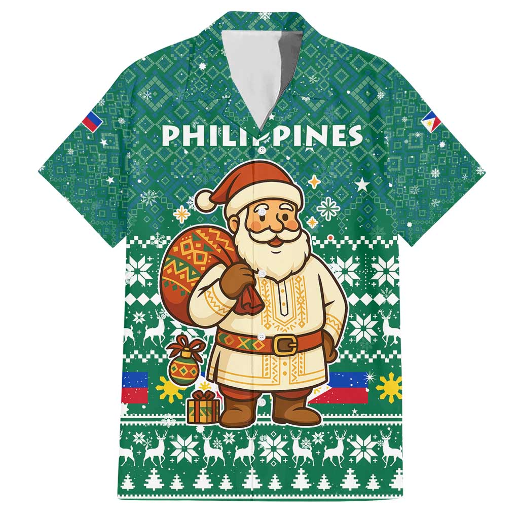 Philippines Christmas Hawaiian Shirt with Green Geometric Design, Santa in Barong Tagalog, and National Coat of Arms Motif - Wonder Print Shop