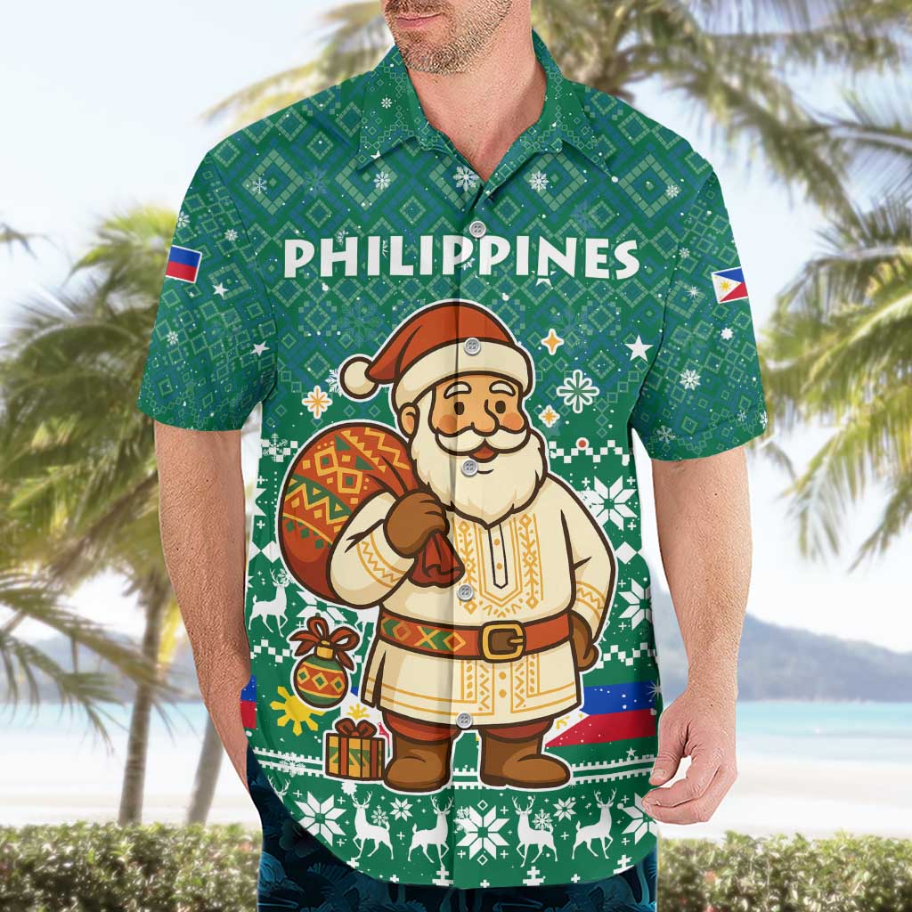 Philippines Christmas Hawaiian Shirt with Green Geometric Design, Santa in Barong Tagalog, and National Coat of Arms Motif - Wonder Print Shop