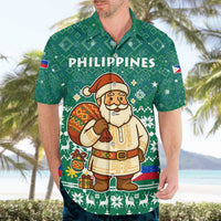 Philippines Christmas Hawaiian Shirt with Green Geometric Design, Santa in Barong Tagalog, and National Coat of Arms Motif - Wonder Print Shop