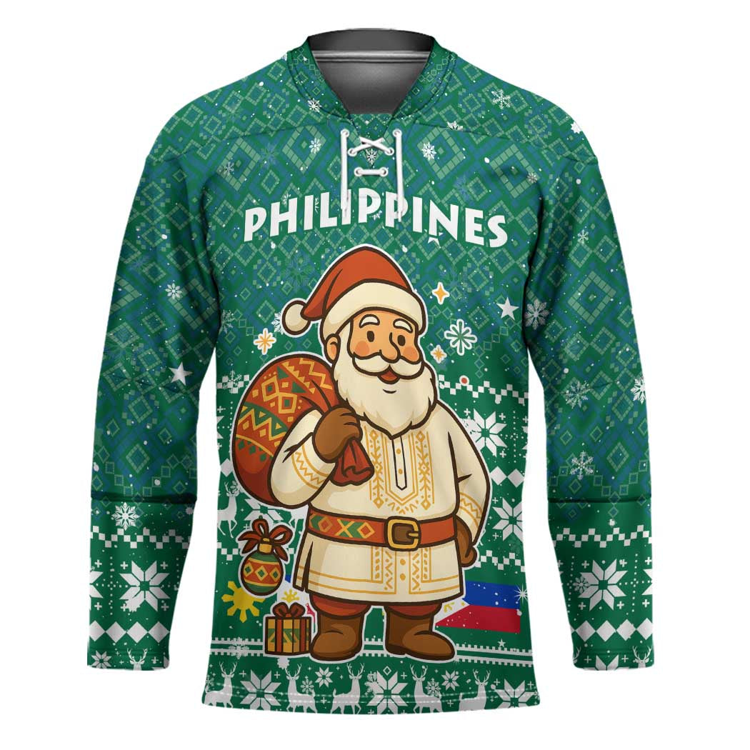 Philippines Christmas Hockey Jersey with Green Geometric Design, Santa in Barong Tagalog, and National Coat of Arms Motif - Wonder Print Shop