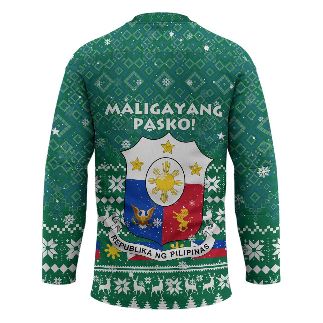 Philippines Christmas Hockey Jersey with Green Geometric Design, Santa in Barong Tagalog, and National Coat of Arms Motif - Wonder Print Shop