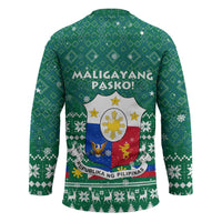 Philippines Christmas Hockey Jersey with Green Geometric Design, Santa in Barong Tagalog, and National Coat of Arms Motif - Wonder Print Shop