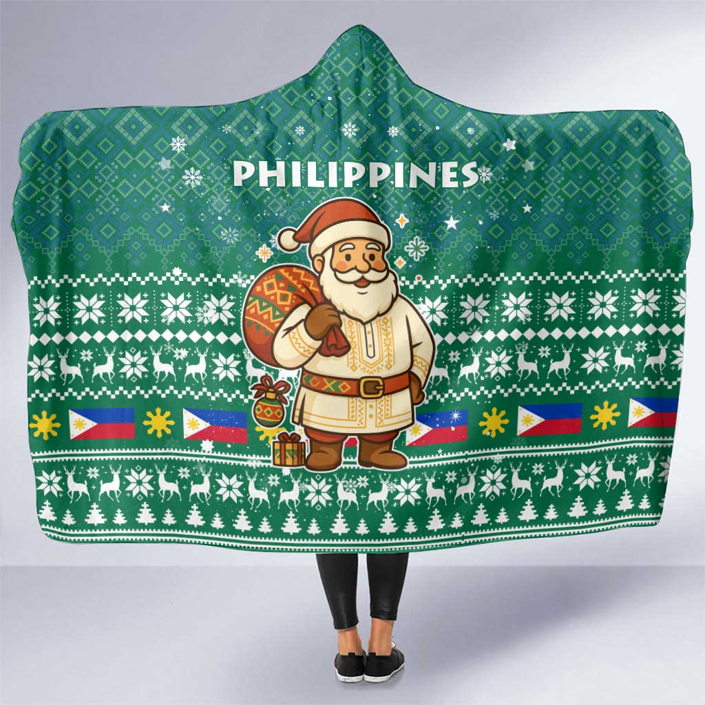 Philippines Christmas Hooded Blanket with Green Geometric Design, Santa in Barong Tagalog, and National Coat of Arms Motif - Wonder Print Shop