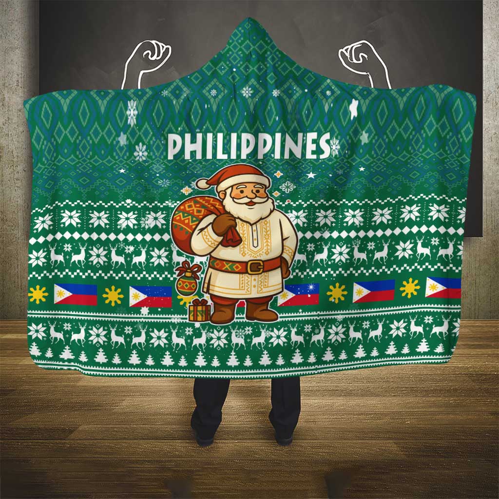 Philippines Christmas Hooded Blanket with Green Geometric Design, Santa in Barong Tagalog, and National Coat of Arms Motif - Wonder Print Shop