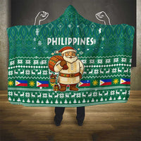 Philippines Christmas Hooded Blanket with Green Geometric Design, Santa in Barong Tagalog, and National Coat of Arms Motif - Wonder Print Shop