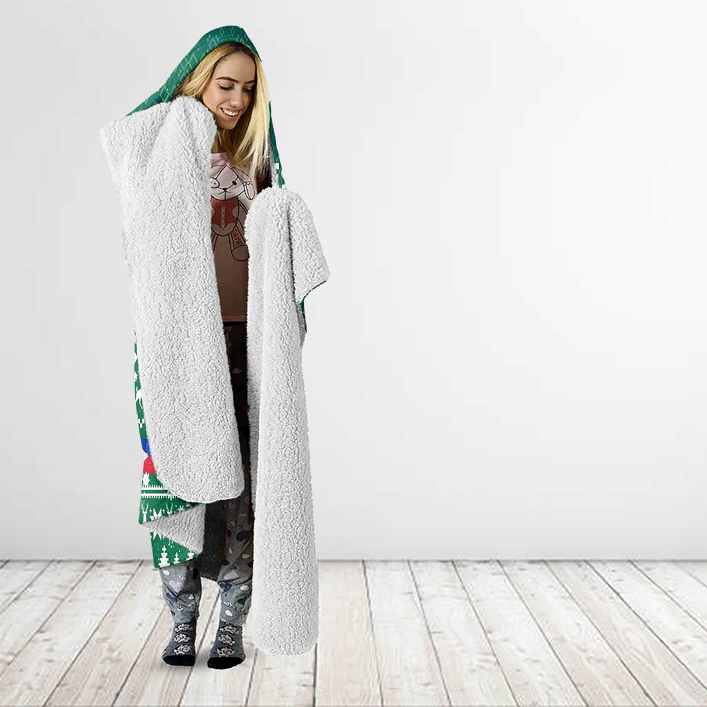 Philippines Christmas Hooded Blanket with Green Geometric Design, Santa in Barong Tagalog, and National Coat of Arms Motif - Wonder Print Shop