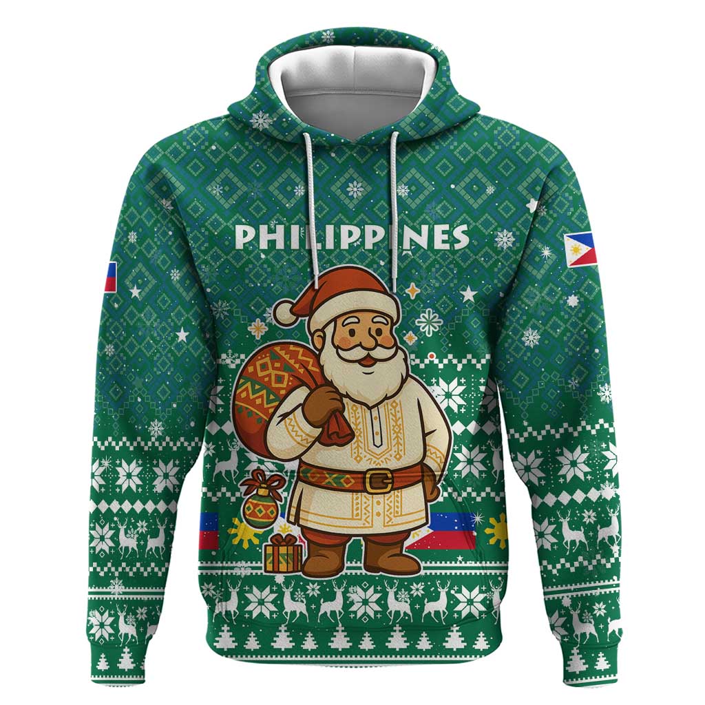 Philippines Christmas Hoodie with Green Geometric Design, Santa in Barong Tagalog, and National Coat of Arms Motif - Wonder Print Shop
