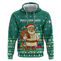 Philippines Christmas Hoodie with Green Geometric Design, Santa in Barong Tagalog, and National Coat of Arms Motif - Wonder Print Shop