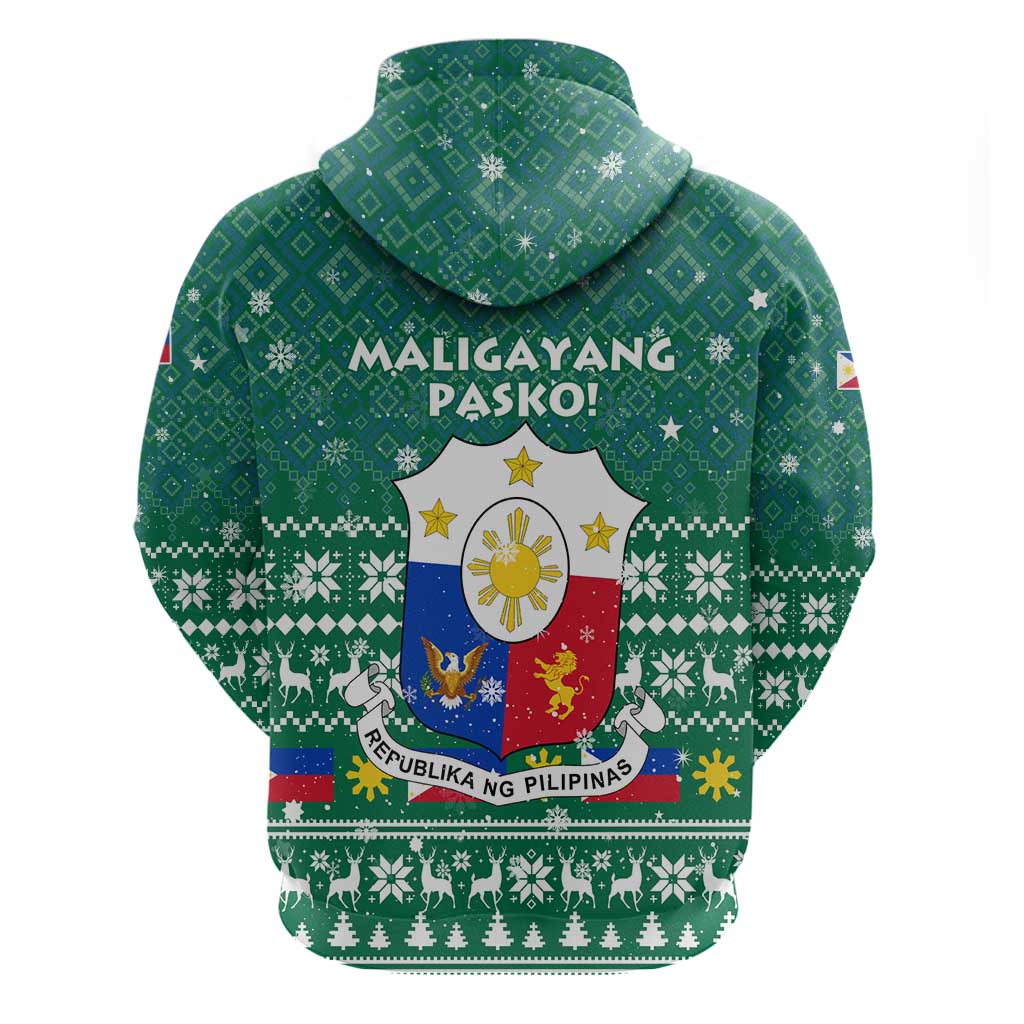 Philippines Christmas Hoodie with Green Geometric Design, Santa in Barong Tagalog, and National Coat of Arms Motif - Wonder Print Shop