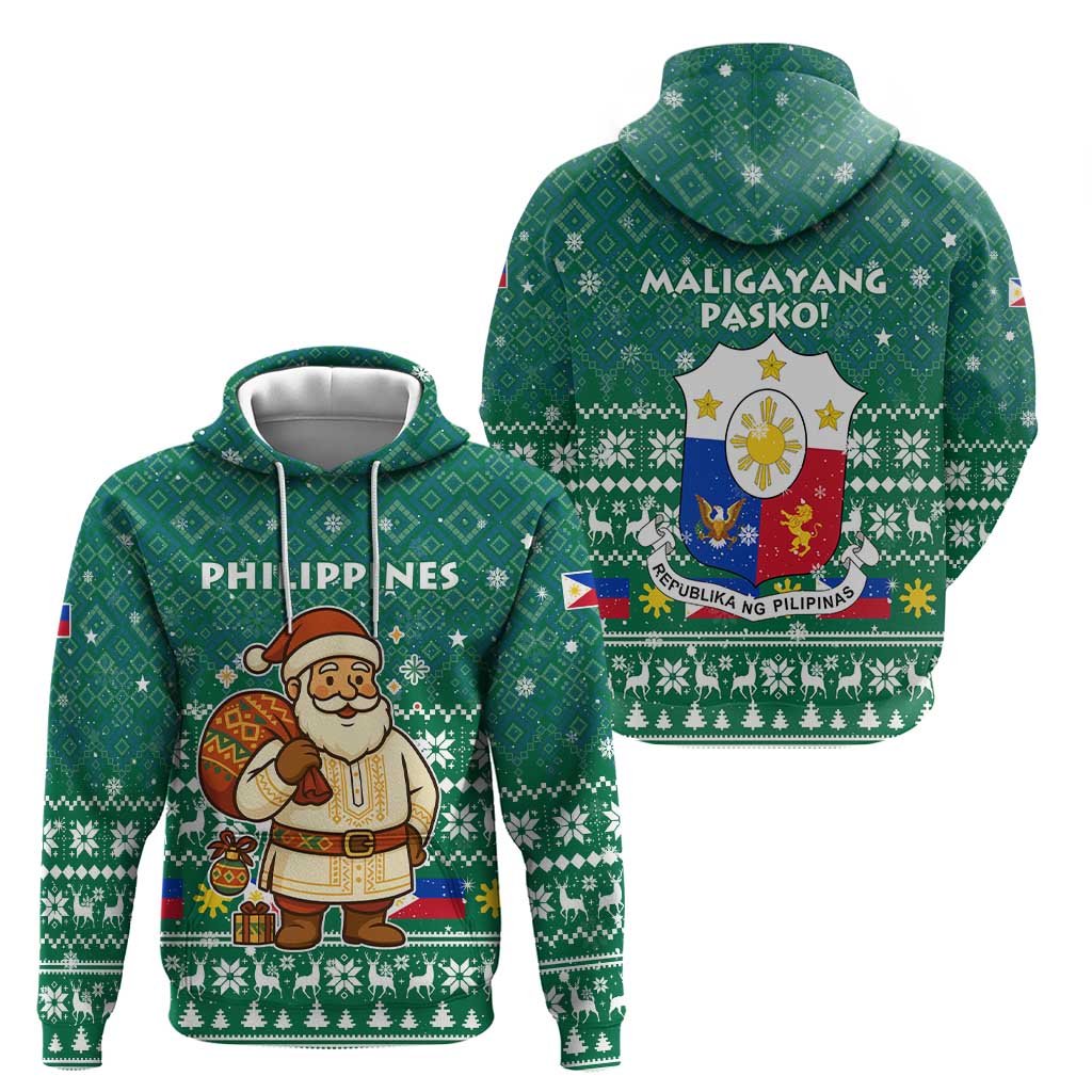 Philippines Christmas Hoodie with Green Geometric Design, Santa in Barong Tagalog, and National Coat of Arms Motif - Wonder Print Shop