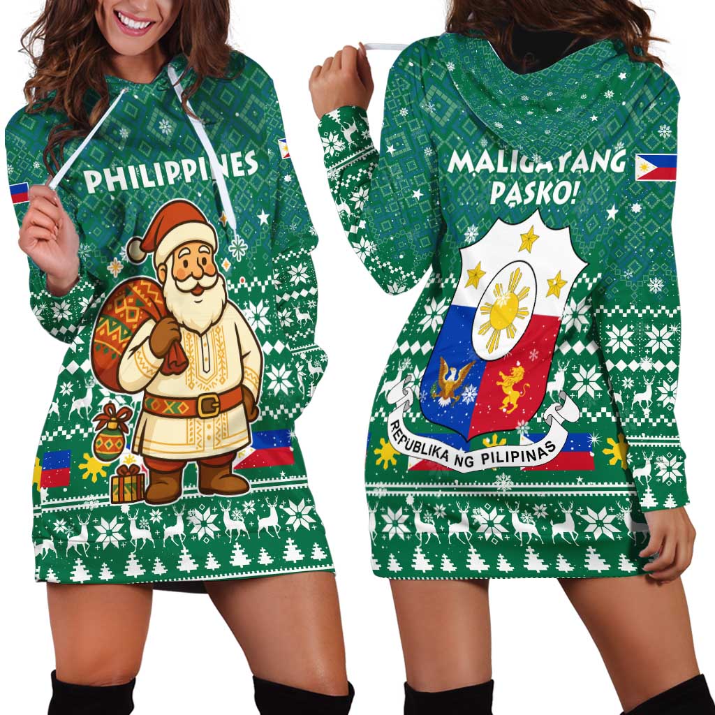 Philippines Christmas Hoodie Dress with Green Geometric Design, Santa in Barong Tagalog, and National Coat of Arms Motif - Wonder Print Shop