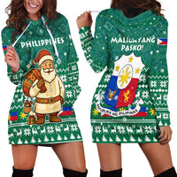 Philippines Christmas Hoodie Dress with Green Geometric Design, Santa in Barong Tagalog, and National Coat of Arms Motif - Wonder Print Shop