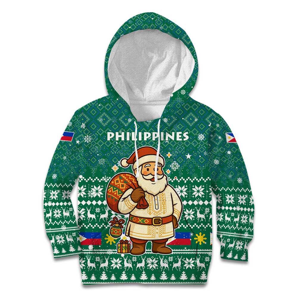 Philippines Christmas Kid Hoodie with Green Geometric Design, Santa in Barong Tagalog, and National Coat of Arms Motif - Wonder Print Shop