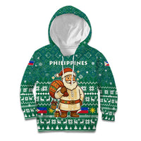 Philippines Christmas Kid Hoodie with Green Geometric Design, Santa in Barong Tagalog, and National Coat of Arms Motif - Wonder Print Shop