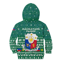Philippines Christmas Kid Hoodie with Green Geometric Design, Santa in Barong Tagalog, and National Coat of Arms Motif - Wonder Print Shop