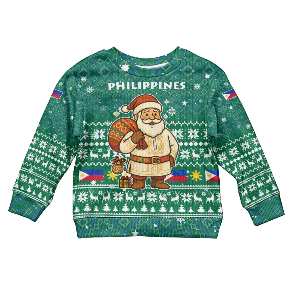 Philippines Christmas Kid Ugly Christmas Sweater with Green Geometric Design, Santa in Barong Tagalog, and National Coat of Arms Motif - Wonder Print Shop
