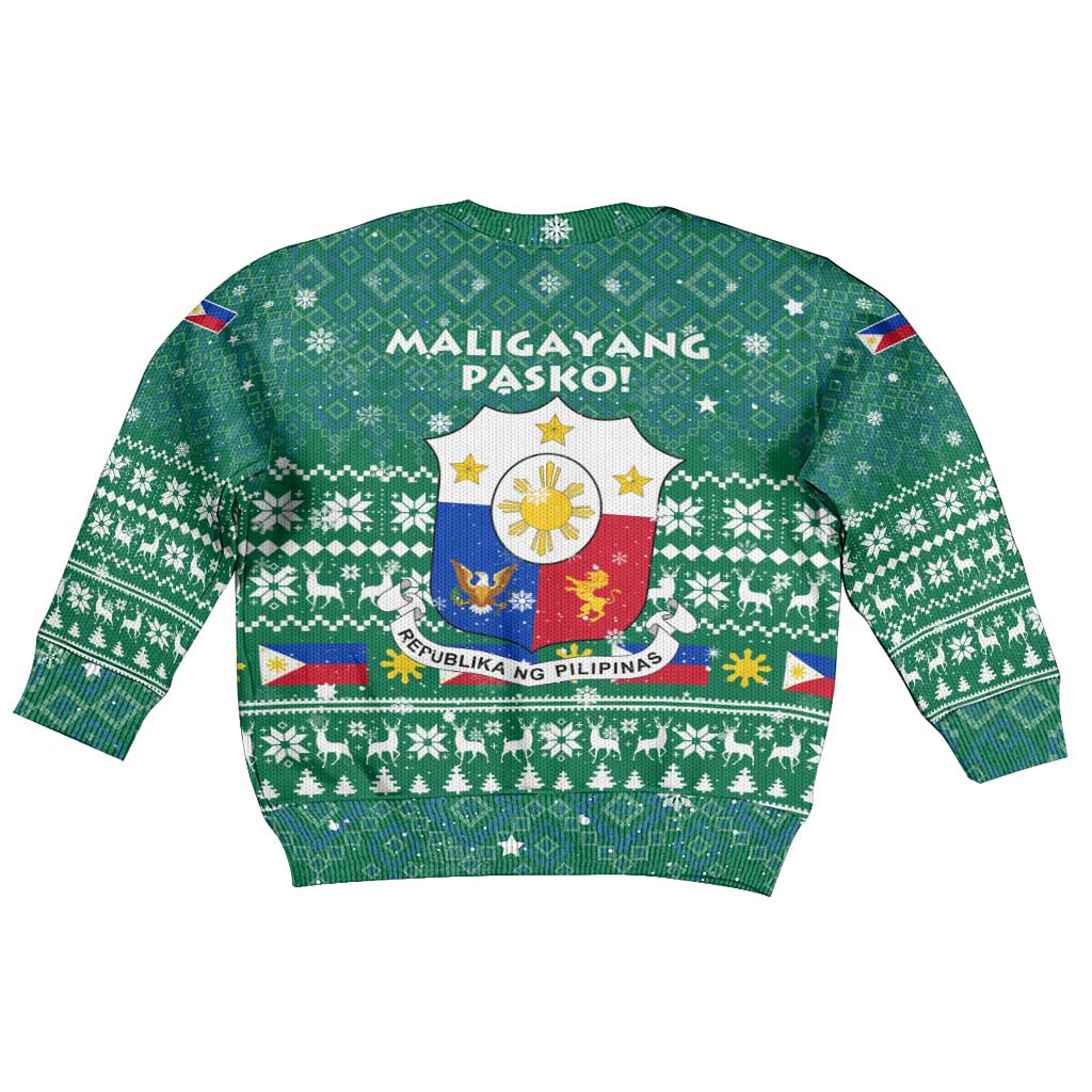 Philippines Christmas Kid Ugly Christmas Sweater with Green Geometric Design, Santa in Barong Tagalog, and National Coat of Arms Motif - Wonder Print Shop